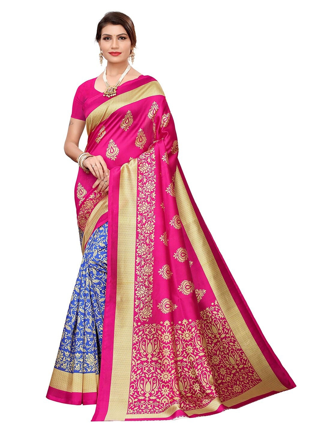 

MOKSHA DESIGNS Blue & Pink Ethnic Motifs Handloom Pure Silk Kanjeevaram Saree