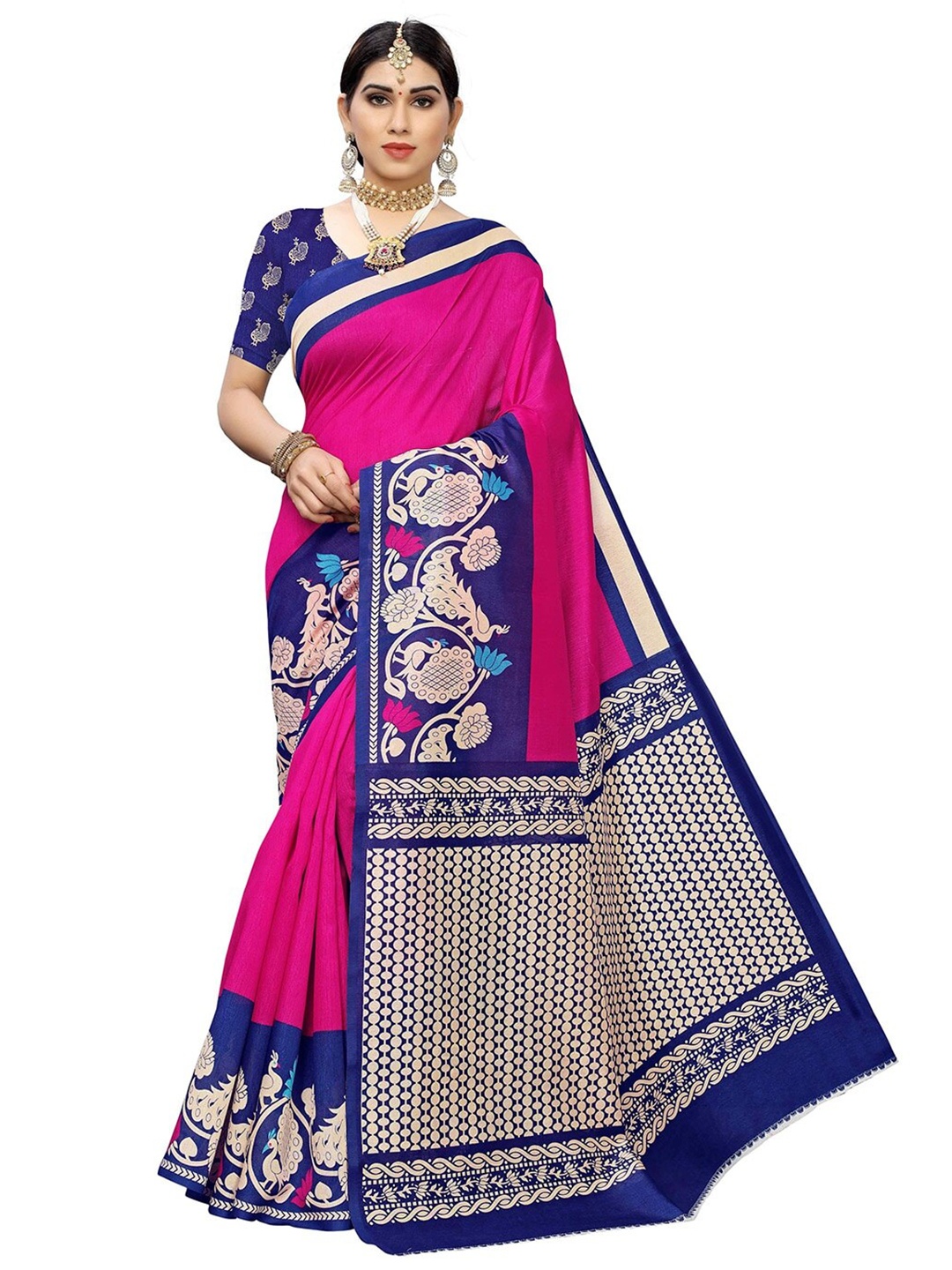 

MOKSHA DESIGNS Pink & Blue Ethnic Motifs Pure Silk Banarasi Saree