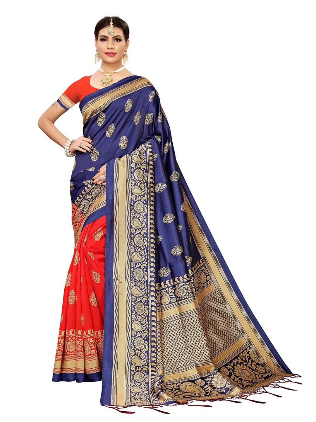 

MOKSHA DESIGNS Blue & Orange Ethnic Motifs Printed Pure Silk Kanjeevaram Saree