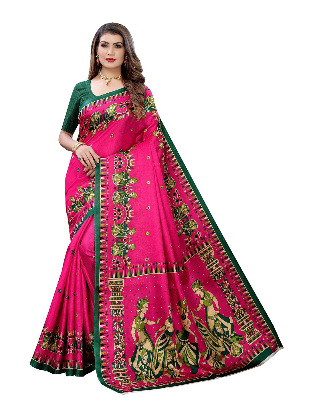 

MOKSHA DESIGNS Pink & Green Ethnic Motifs Pure Silk Kanjeevaram Saree