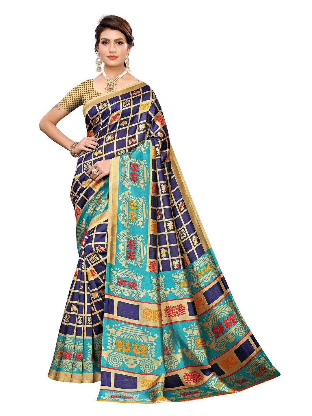 

MOKSHA DESIGNS Navy Blue & Blue Checked Handloom Pure Silk Kanjeevaram Saree