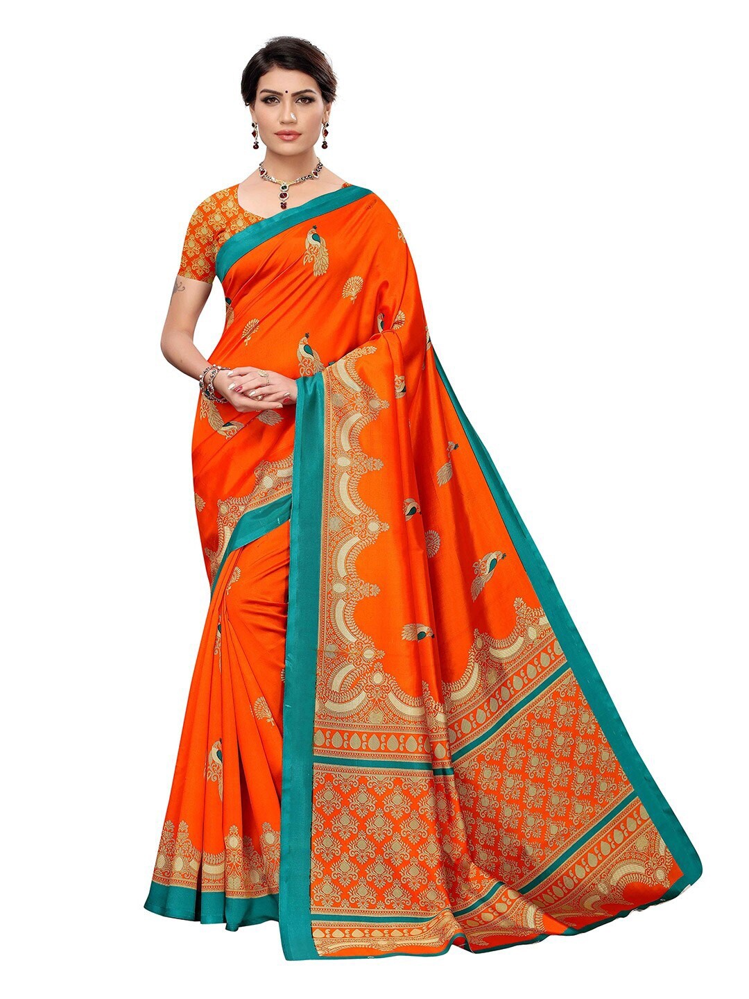 

MOKSHA DESIGNS Orange & Turquoise Blue Ethnic Motifs Pure Silk Banarasi Saree