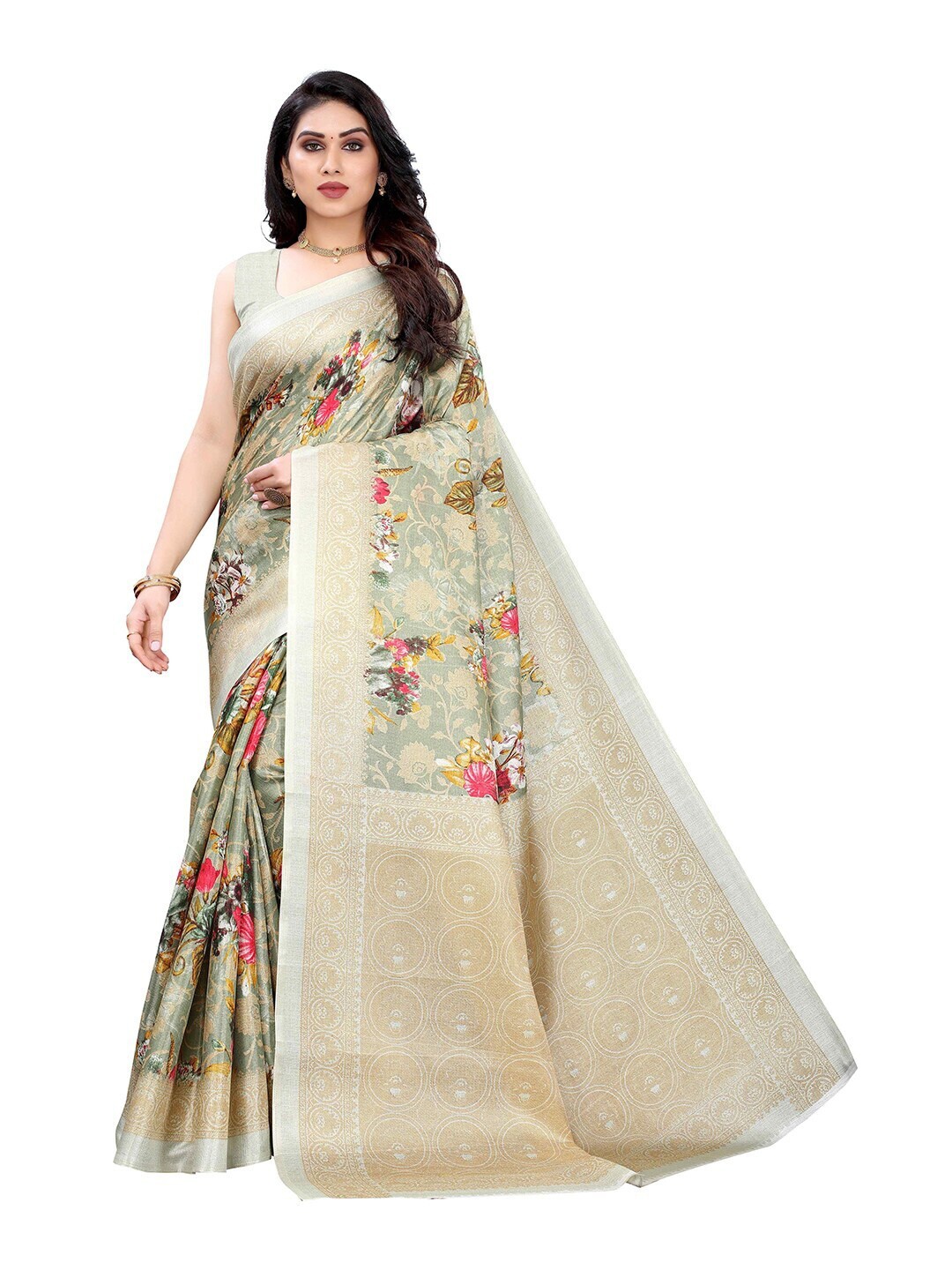 

MOKSHA DESIGNS Green & Pink Floral Pure Silk Kanjeevaram Saree