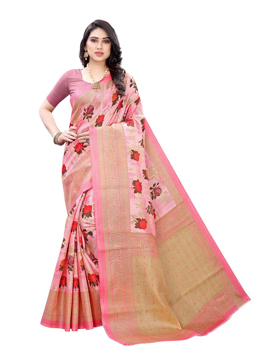 

MOKSHA DESIGNS Pink & Red Floral Printed Pure Silk Kanjeevaram Saree