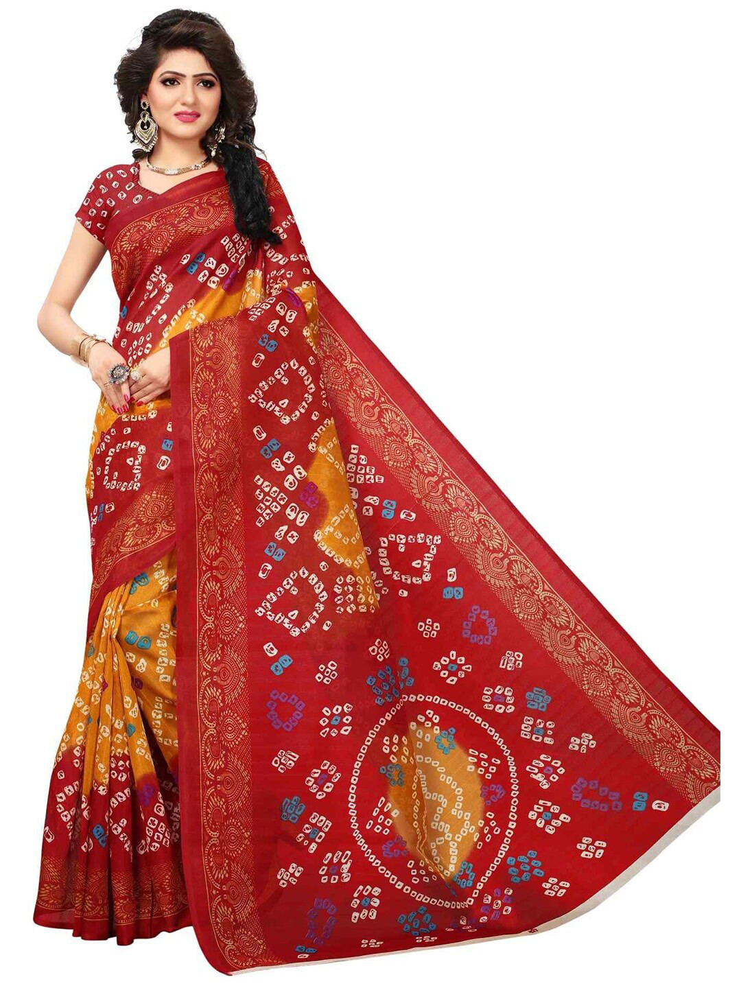 

MOKSHA DESIGNS Red & Yellow Bandhani Pure Silk Banarasi Saree