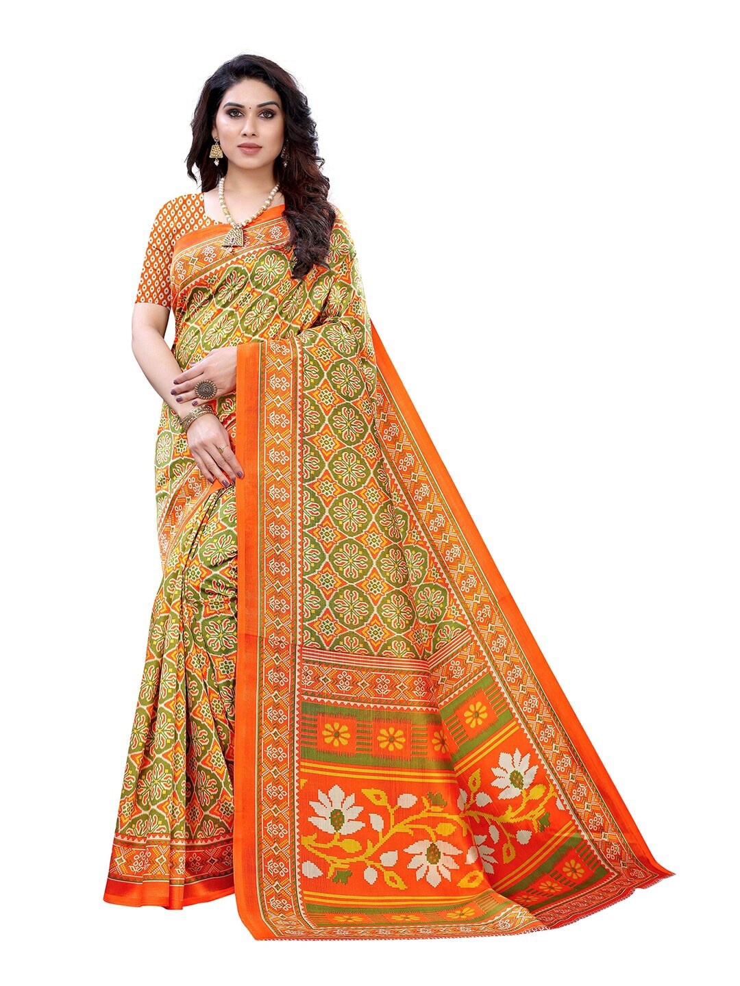 

MOKSHA DESIGNS Orange & Green Floral Pure Silk Banarasi Saree