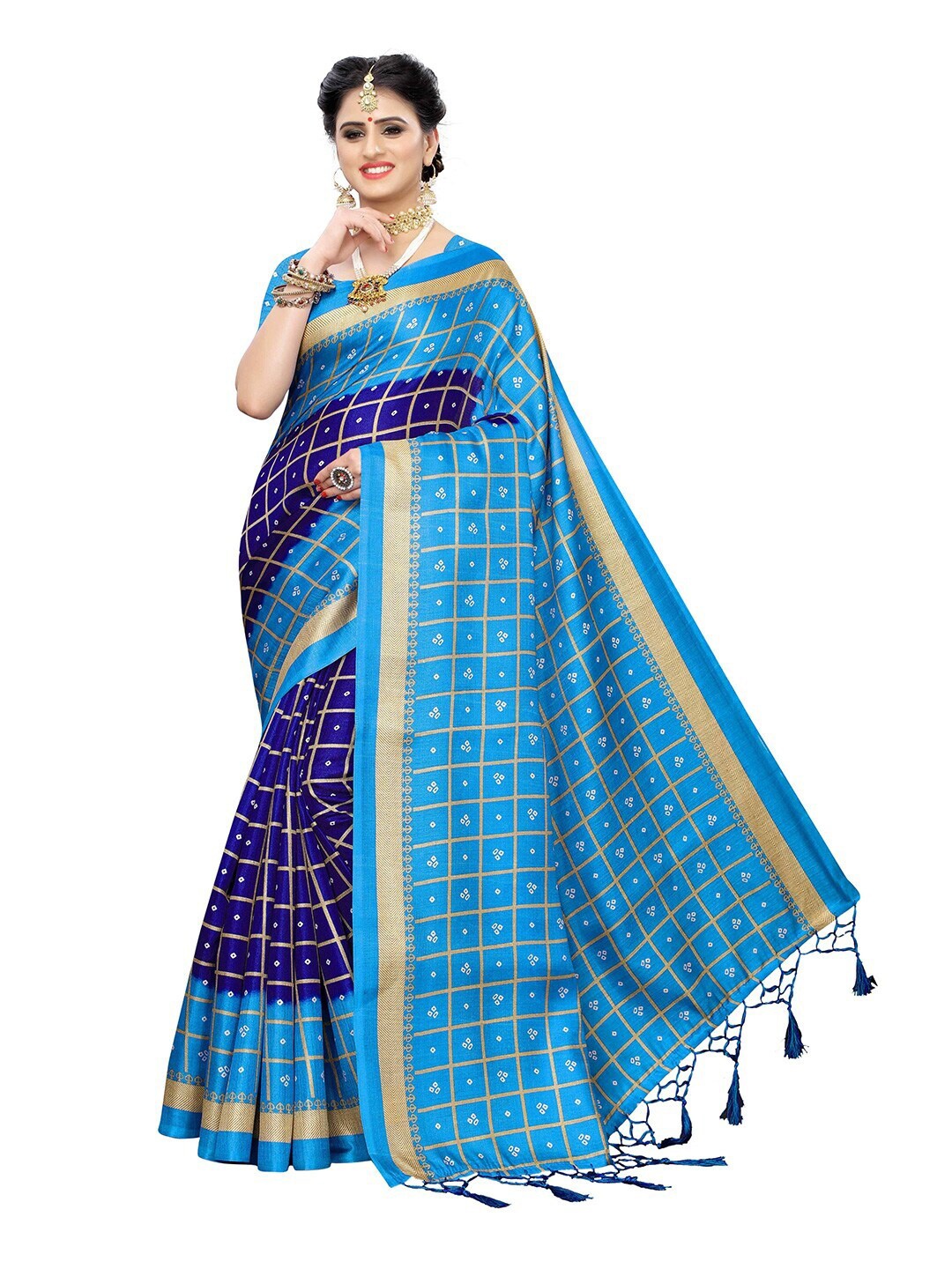 

MOKSHA DESIGNS Navy Blue & Gold-Toned Checked Pure Silk Banarasi Saree