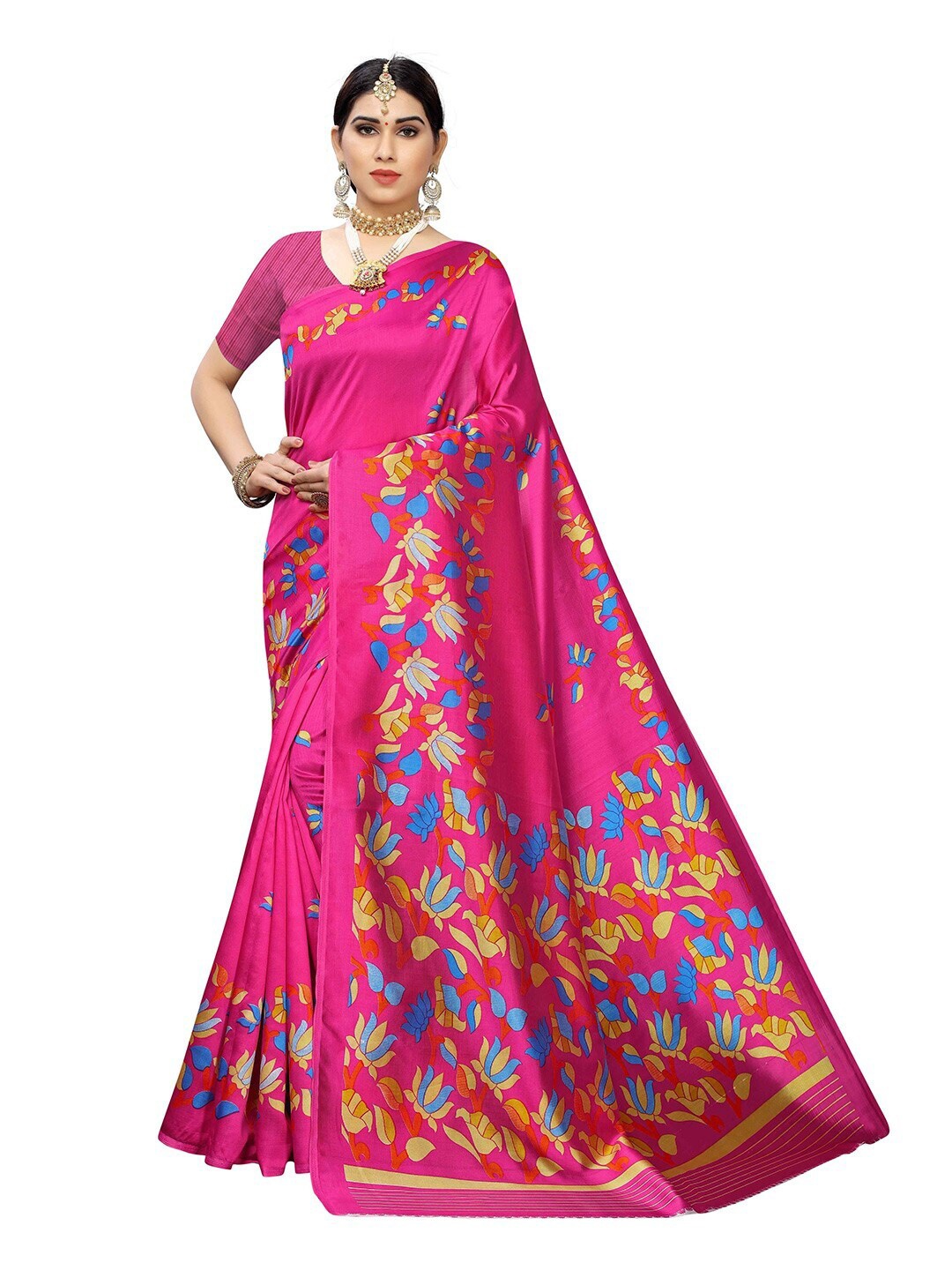 

MOKSHA DESIGNS Pink & Yellow Floral Pure Silk Kanjeevaram Saree