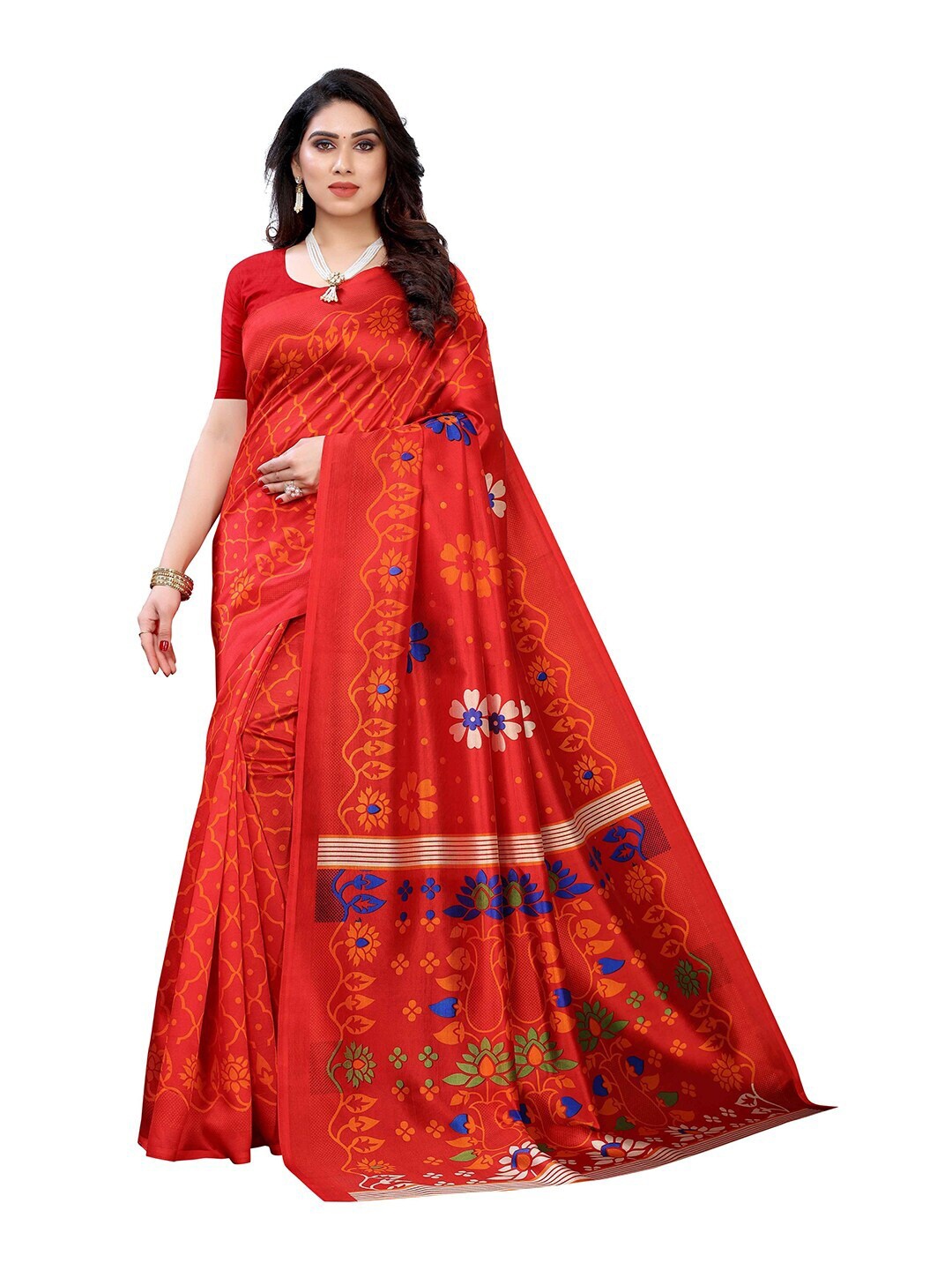 

MOKSHA DESIGNS Red & Yellow Ethnic Motifs Printed Pure Silk Banarasi Saree