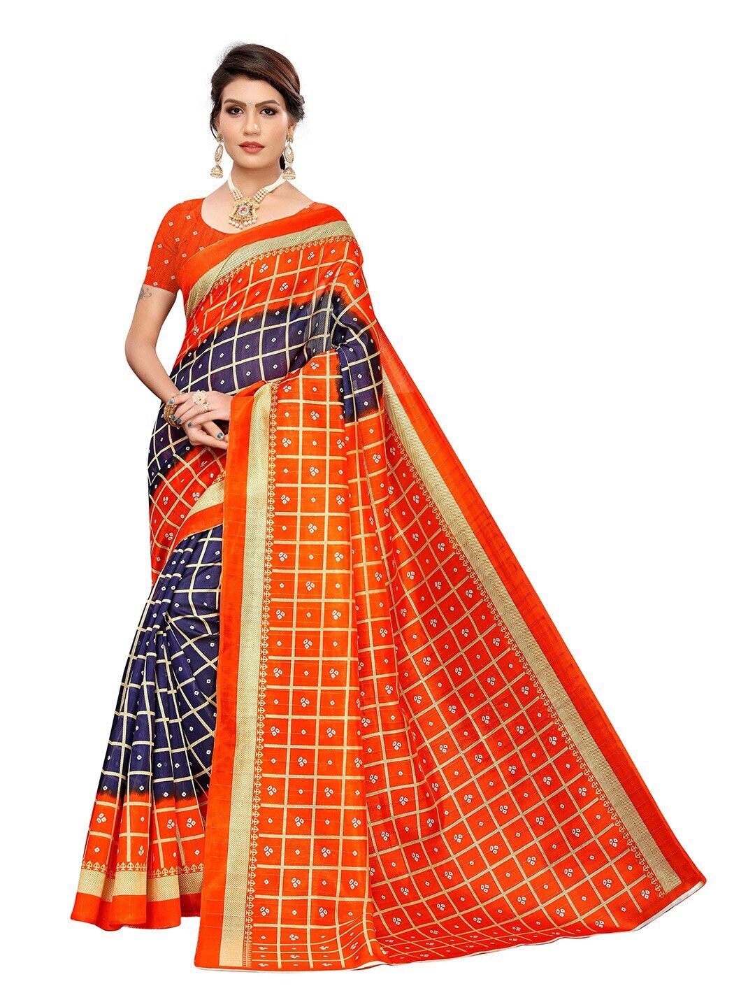 

MOKSHA DESIGNS Purple & Orange Checked Pure Silk Banarasi Saree