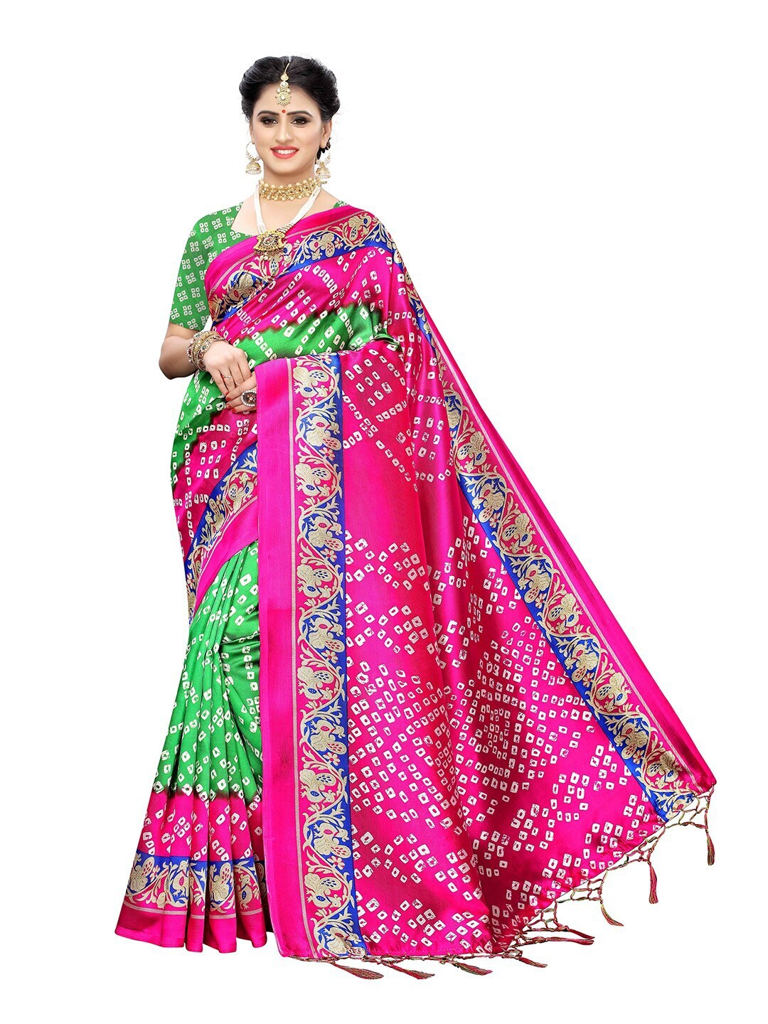 

MOKSHA DESIGNS Pink & Green Bandhani Pure Silk Banarasi Saree