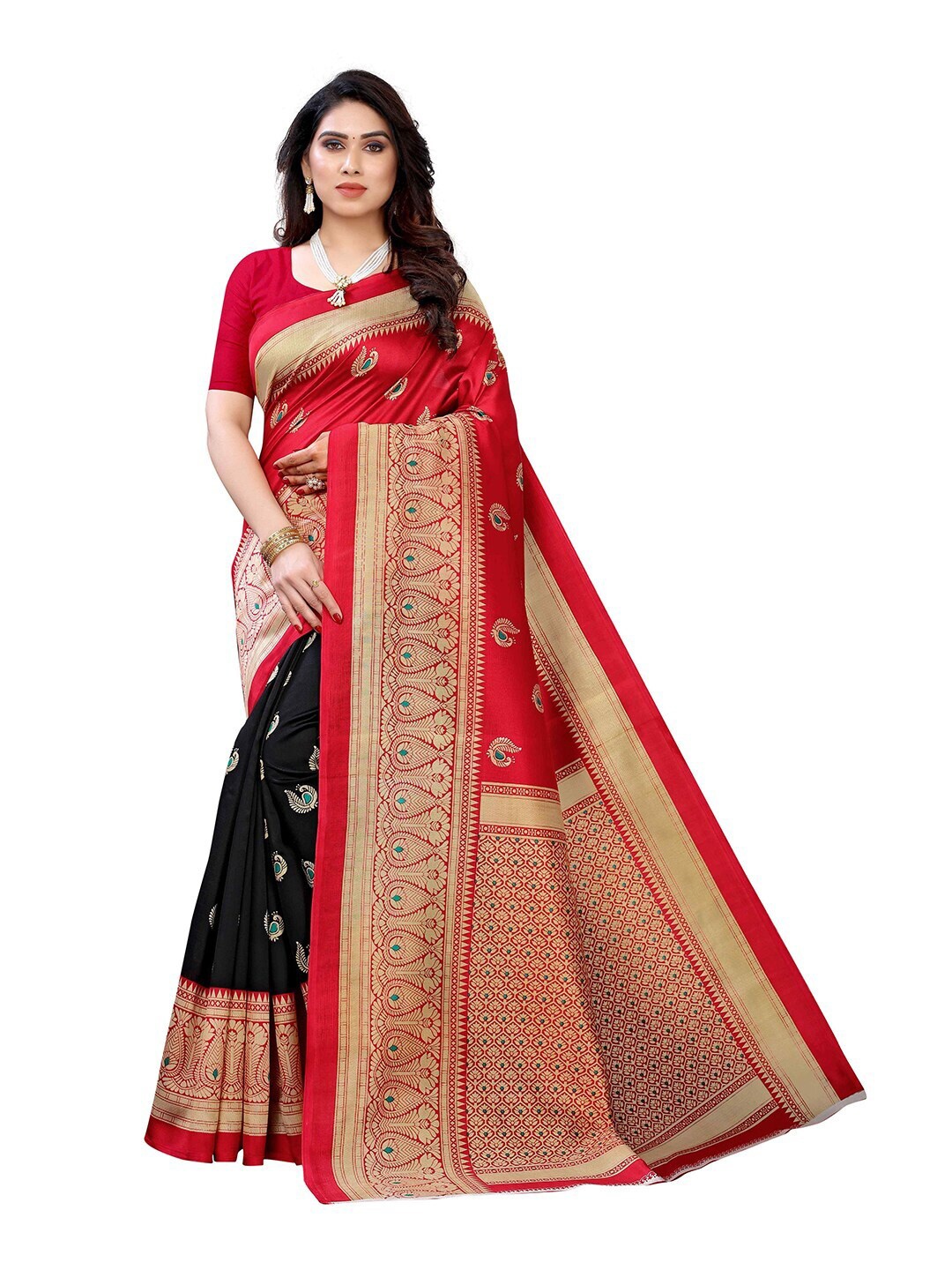 

MOKSHA DESIGNS Black & Red Ethnic Motifs Printed Pure Silk Kanjeevaram Saree