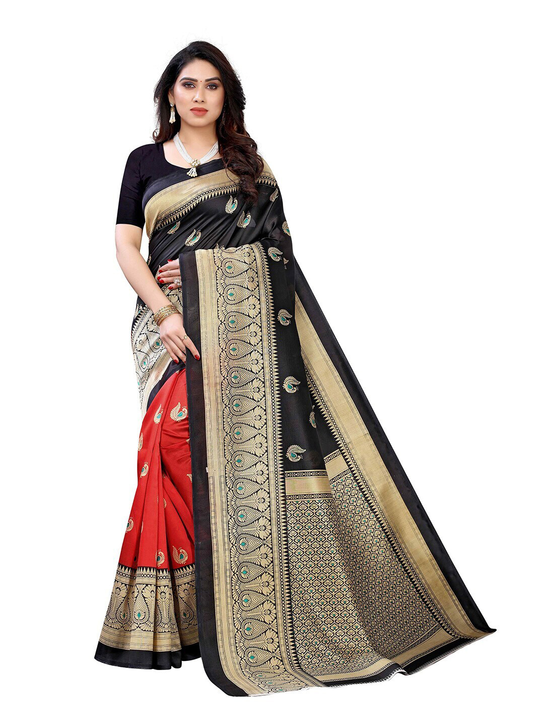 

MOKSHA DESIGNS Red & Black Ethnic Motifs Pure Silk Kanjeevaram Saree