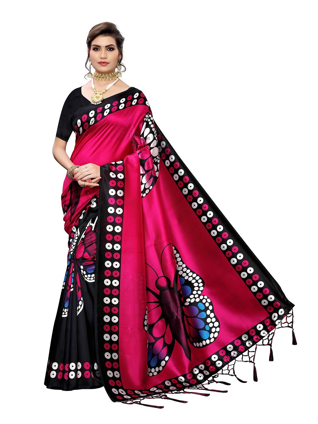 

MOKSHA DESIGNS Pink & Black Ethnic Motifs Pure Silk Kanjeevaram Saree