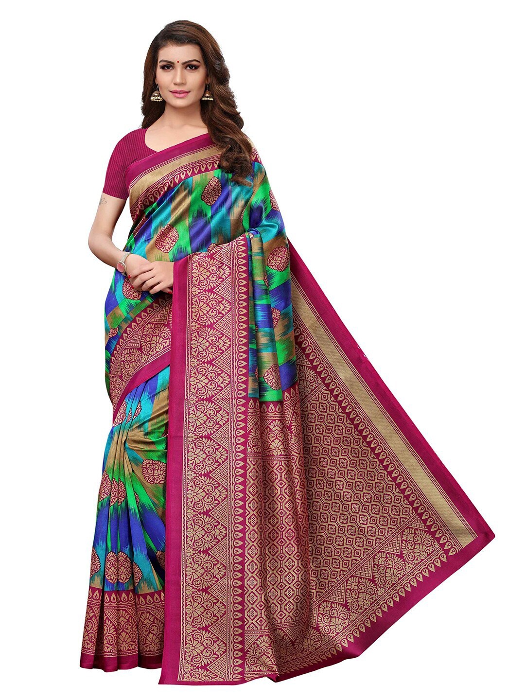 

MOKSHA DESIGNS Green & Pink Ethnic Motifs Pure Silk Kanjeevaram Saree