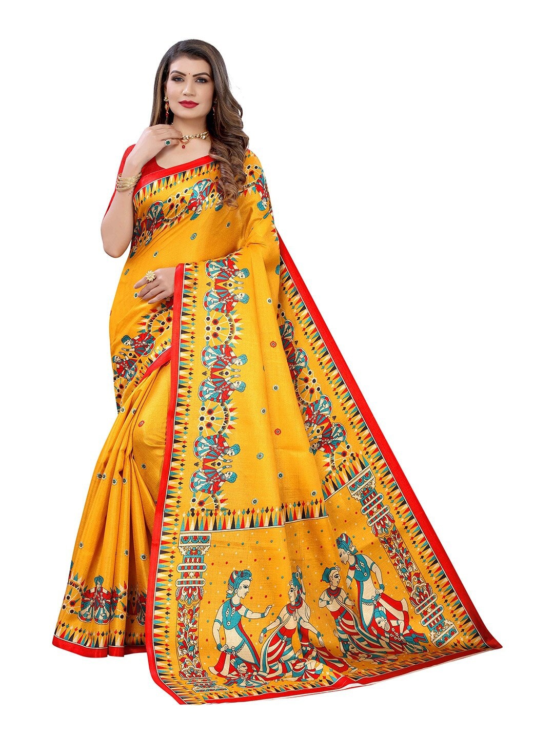 

MOKSHA DESIGNS Yellow & Red Ethnic Motifs Printed Pure Silk Kanjeevaram Saree