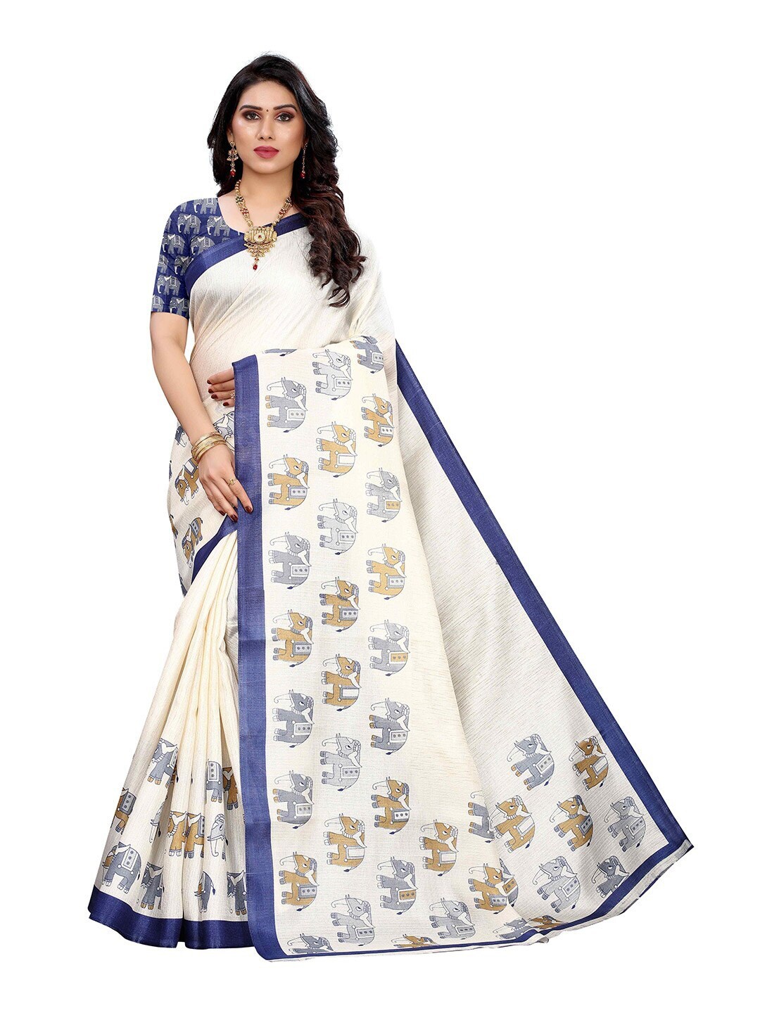 

MOKSHA DESIGNS White & Blue Ethnic Motifs Pure Silk Kanjeevaram Saree