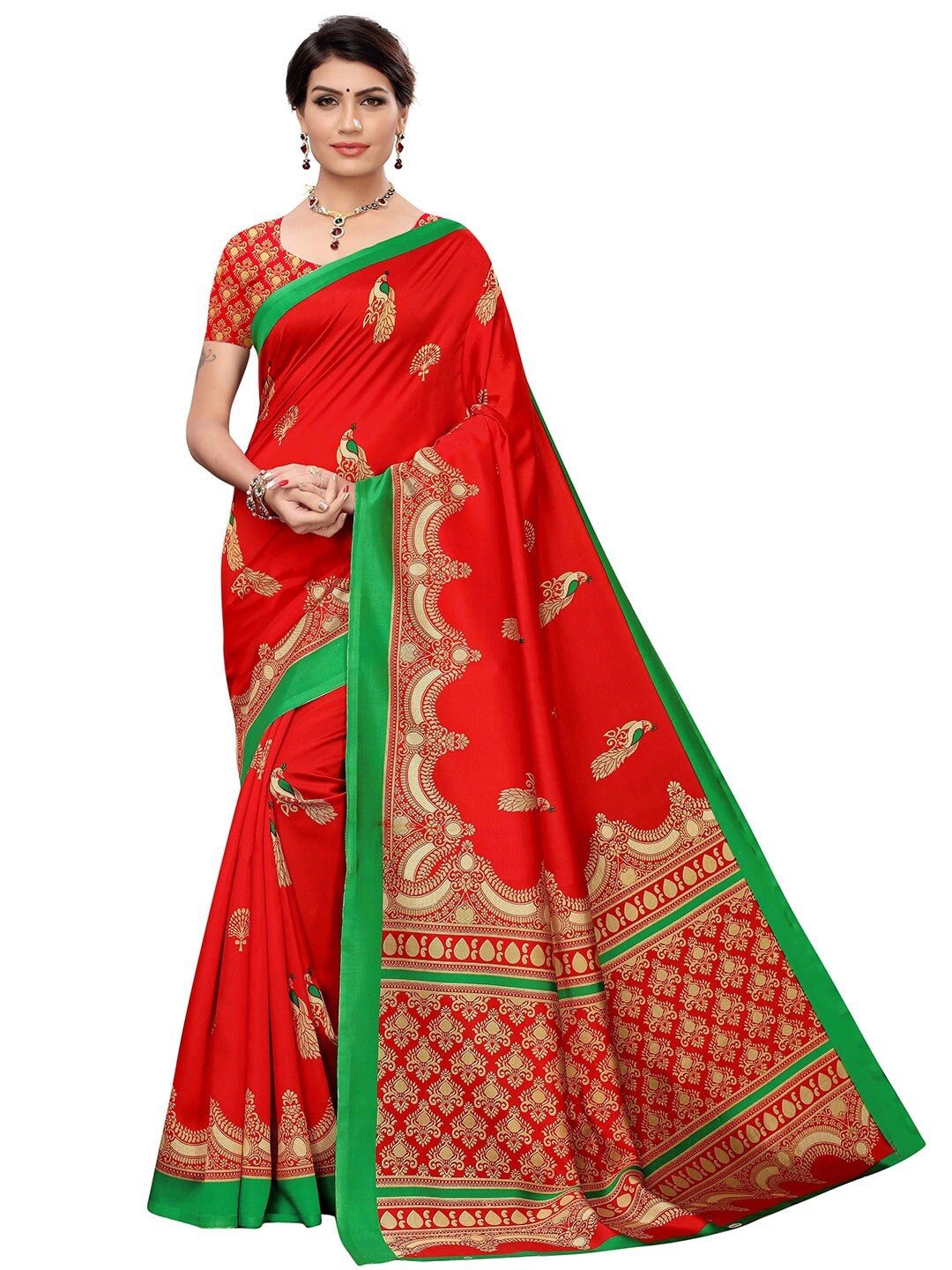 

MOKSHA DESIGNS Red & Green Ethnic Motifs Pure Silk Banarasi Saree