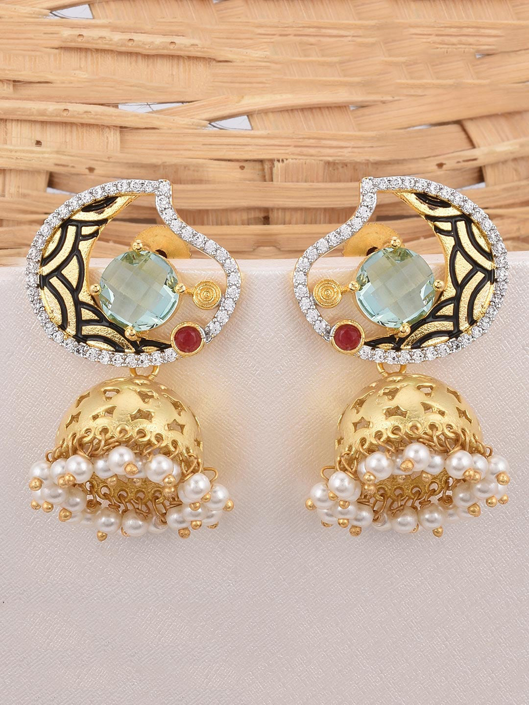 

Tistabene Green & Gold-Toned Gold Plated Contemporary Jhumkas Earrings