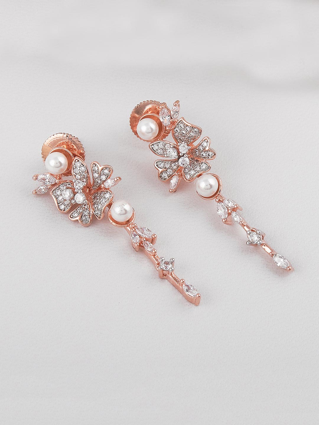 

Tistabene White Rose Gold-Plated Contemporary Floral Pearls Drop Earrings