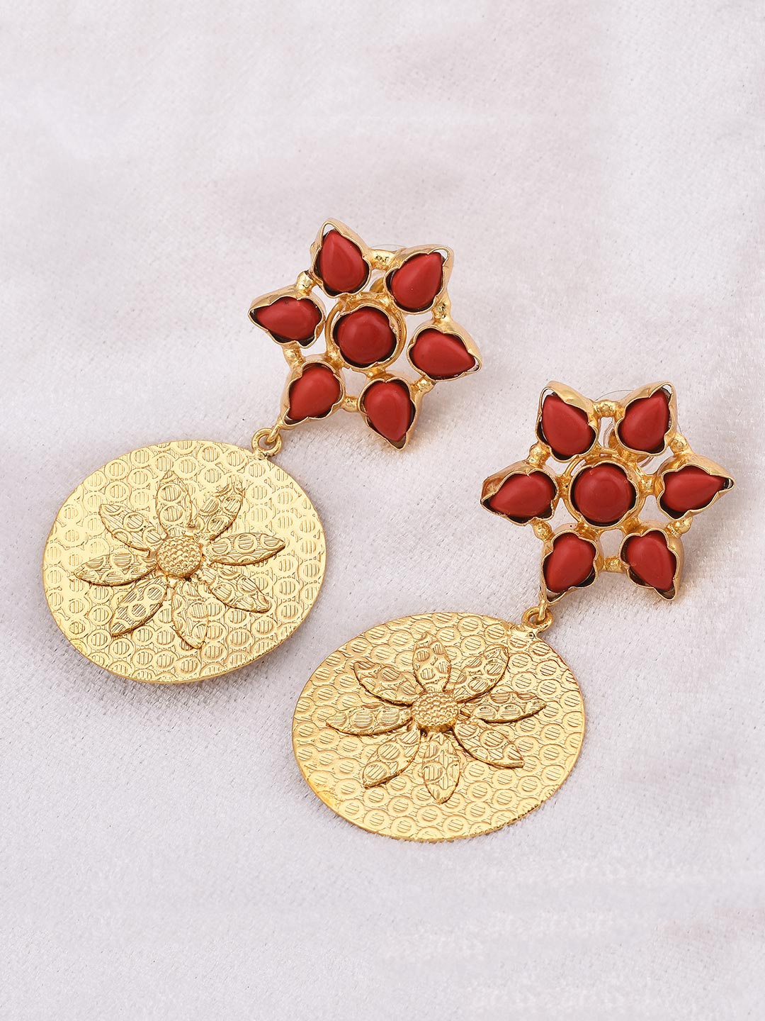 

Tistabene Gold-Plated Red Floral Contemporary Drop Earrings
