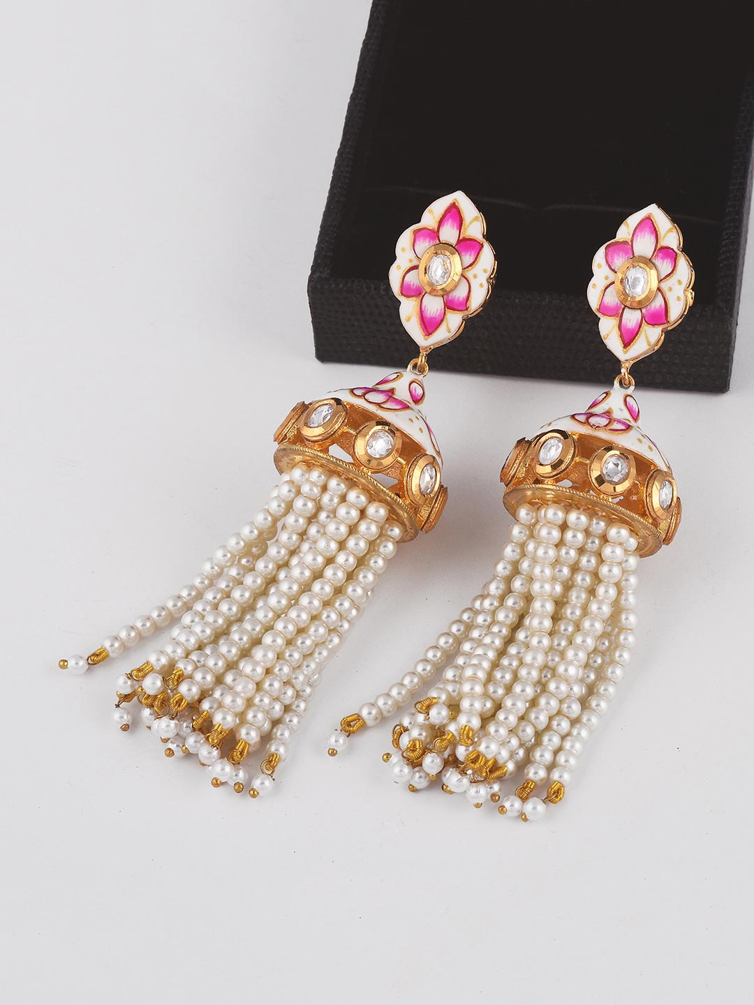 

Tistabene White & Pink Gold-Plated Kundan Embellished Meenakari Jhumkas