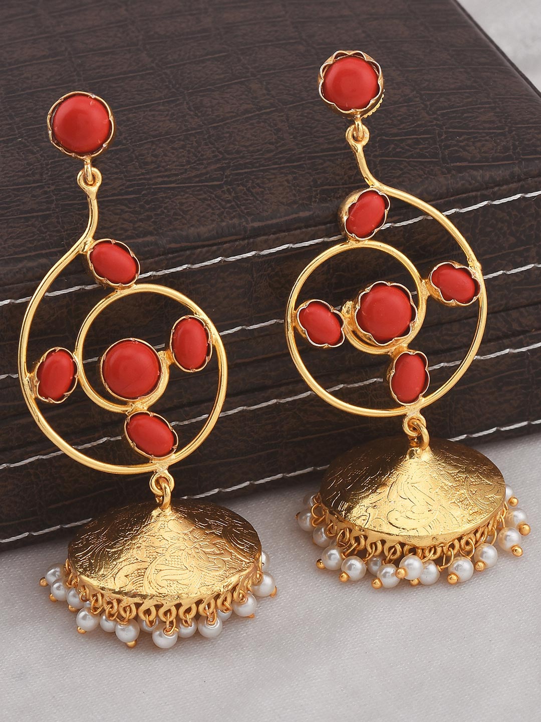 

Tistabene Red Contemporary Gold-Plated Jhumka Earrings