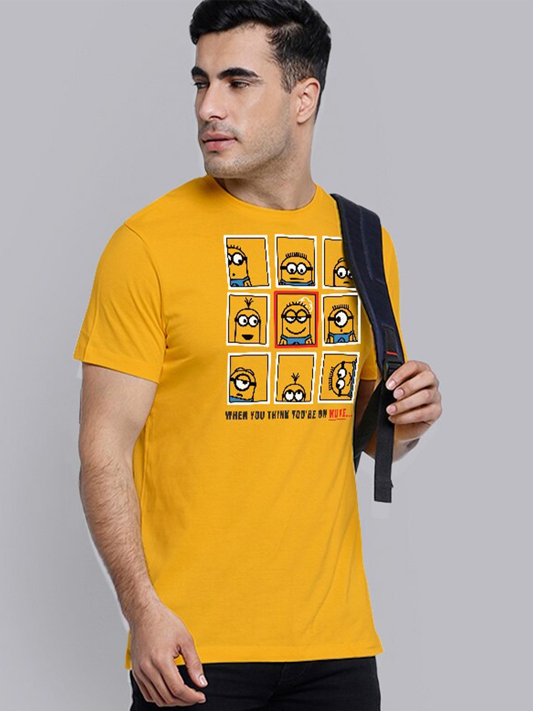 

Free Authority Men Yellow & Black Minions Printed Pure Cotton T-shirt