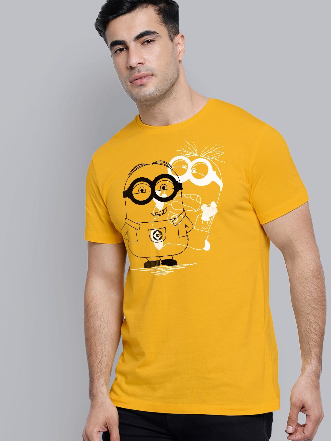 

Free Authority Men Yellow & Black Minions Printed Applique T-shirt