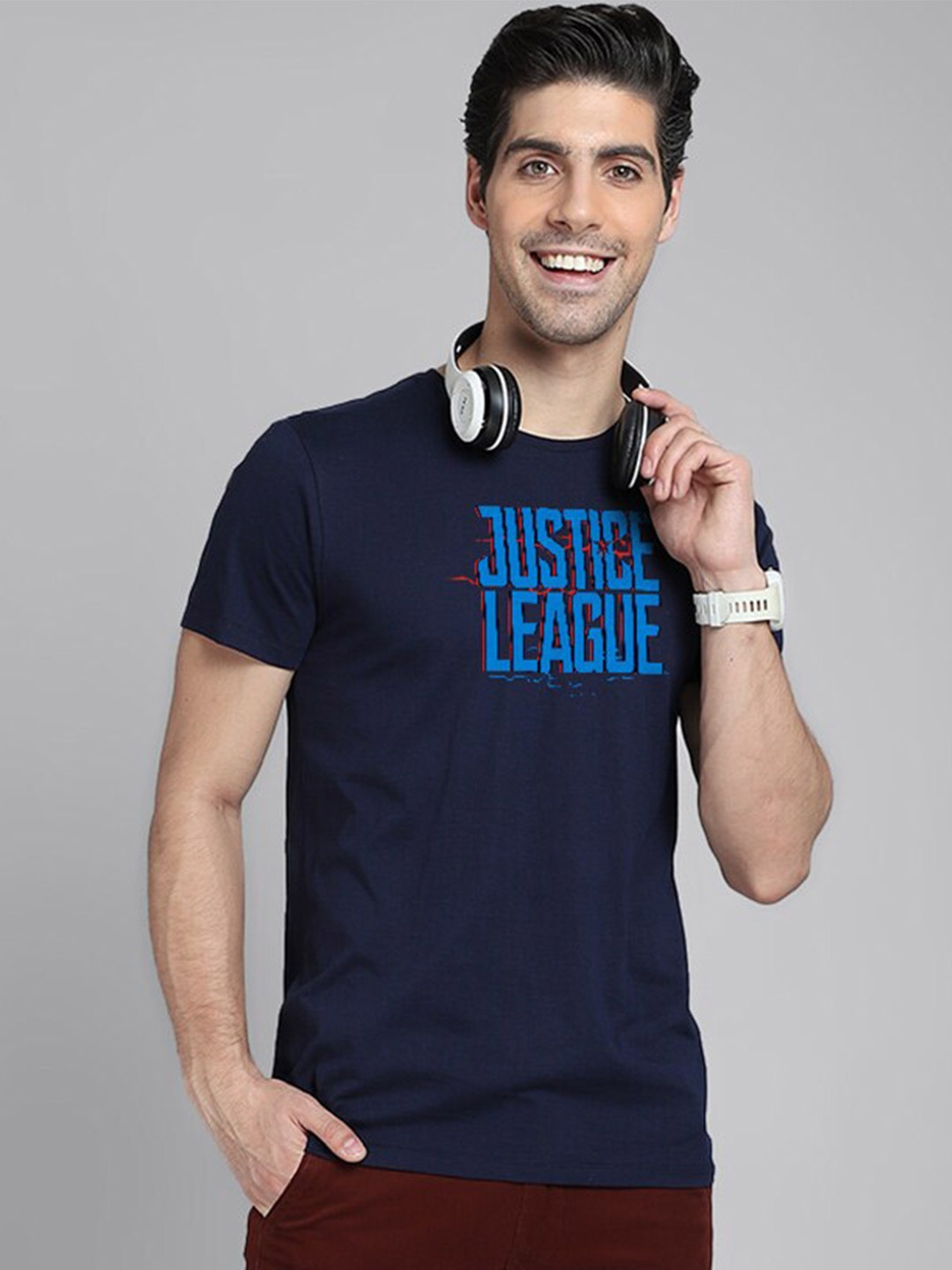

Free Authority Justice League Men Navy Blue & Blue Typography Printed T-shirt