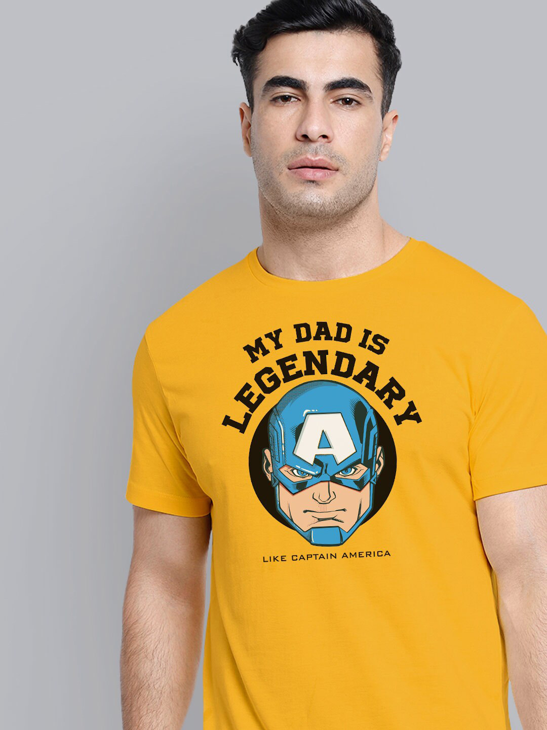 

Free Authority Men Yellow & Blue Captain America Printed Pure Cotton T-shirt