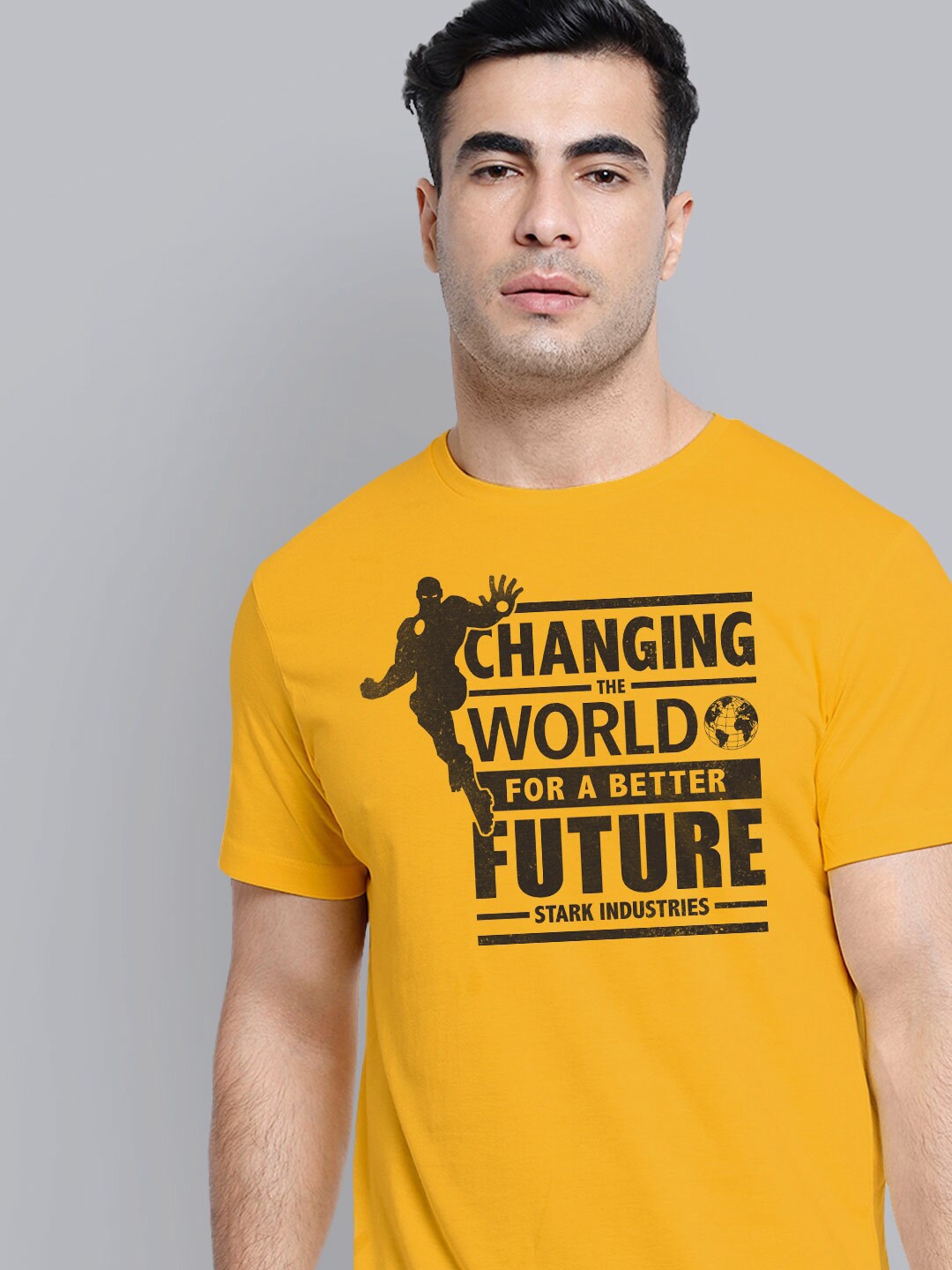 

Free Authority Men Yellow Typography Iron Man Pockets T-shirt