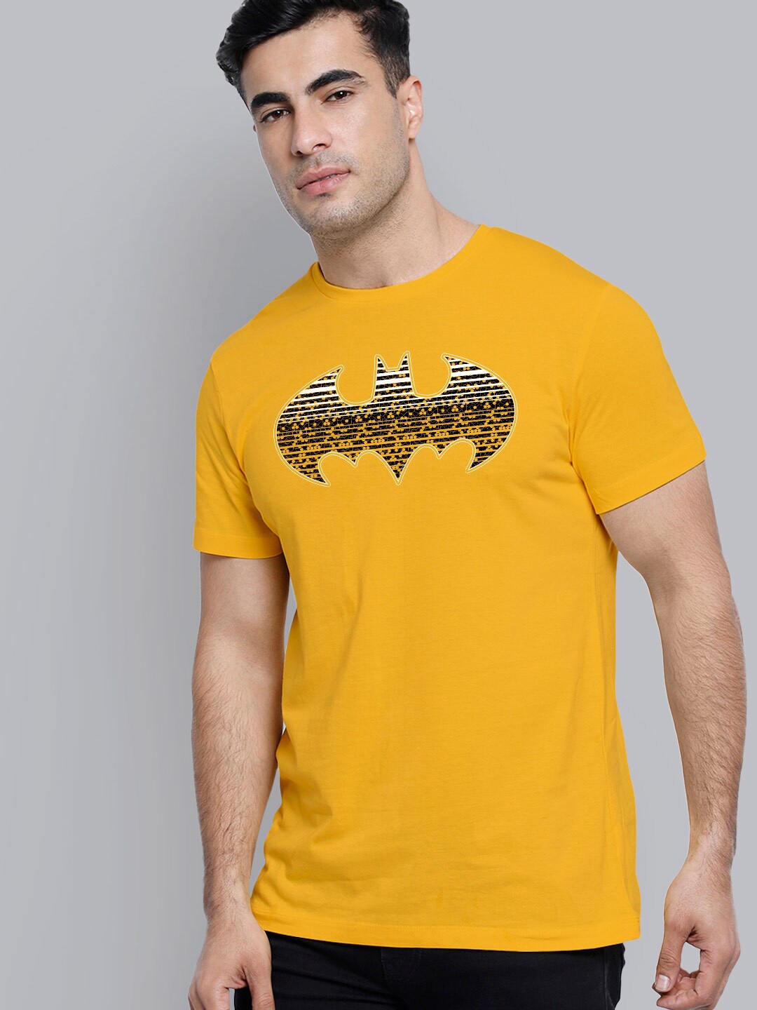 

Free Authority Men Yellow & Black Batman Printed Pure Cotton T-shirt