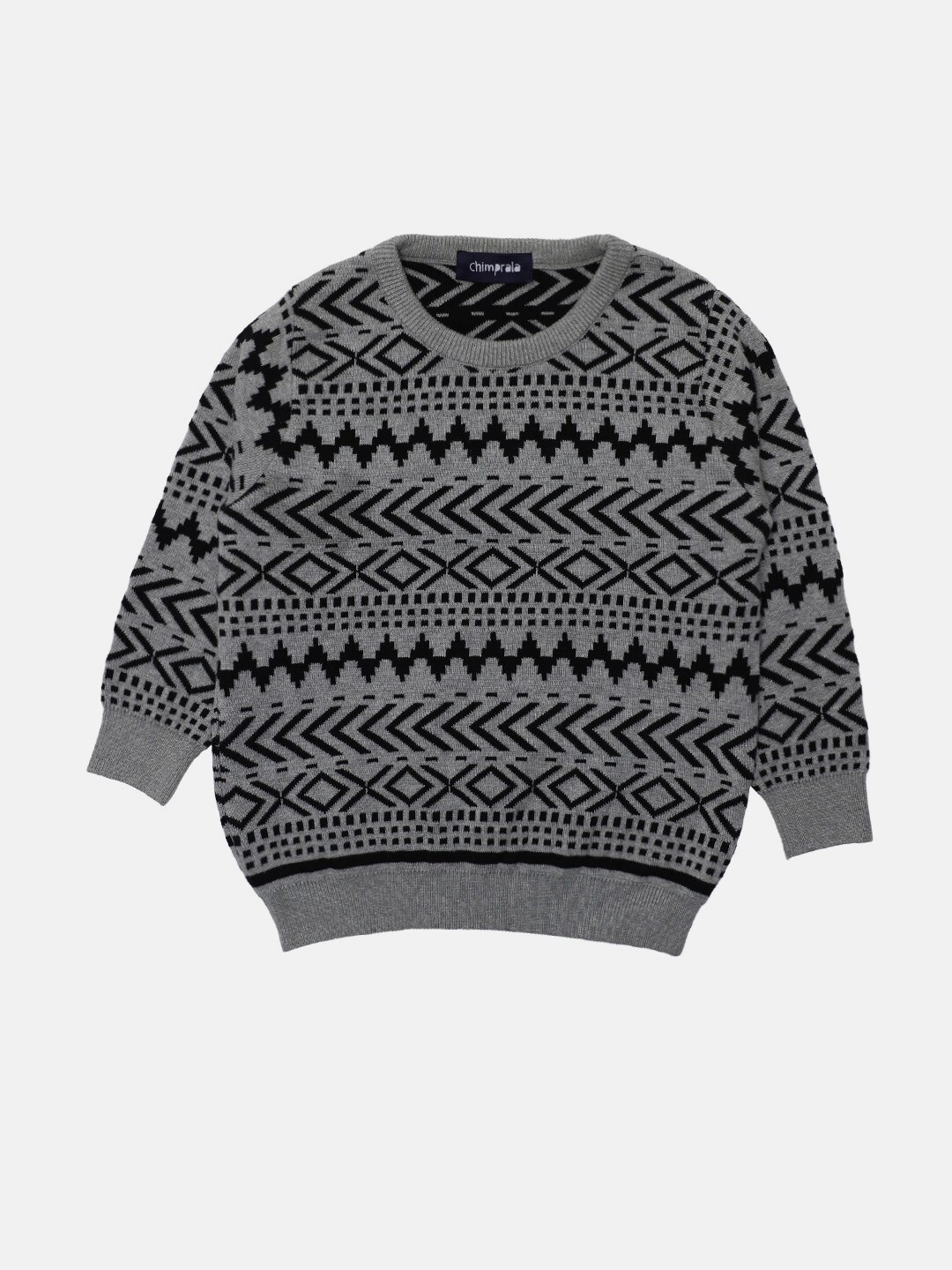 

CHIMPRALA Boys Grey & Black Printed Woolen Pullover Sweater