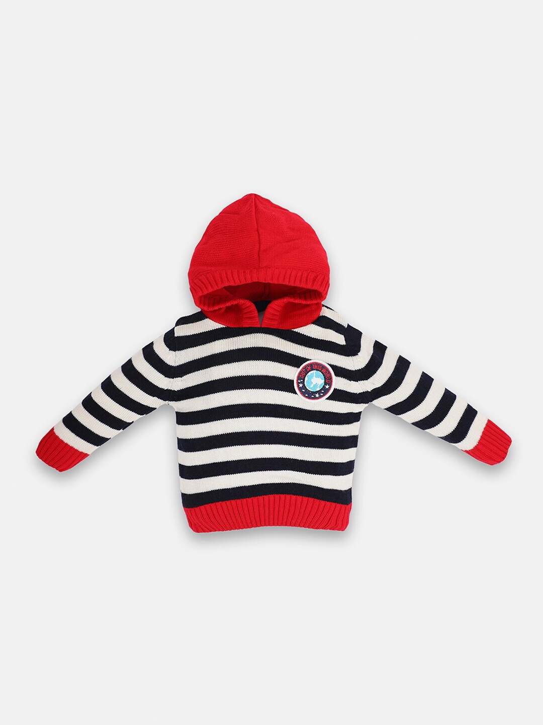 

CHIMPRALA Boys Red & Black Striped Woolen Pullover Sweater with Applique Detail