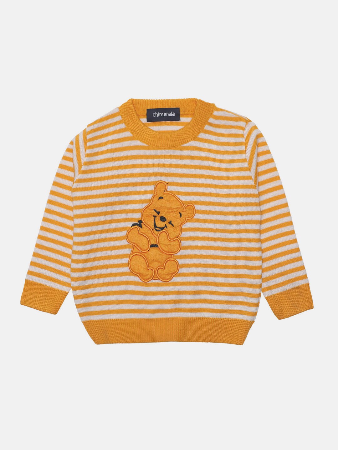 

CHIMPRALA Boys Yellow & White Striped Woolen Pullover Sweater with Applique Detail