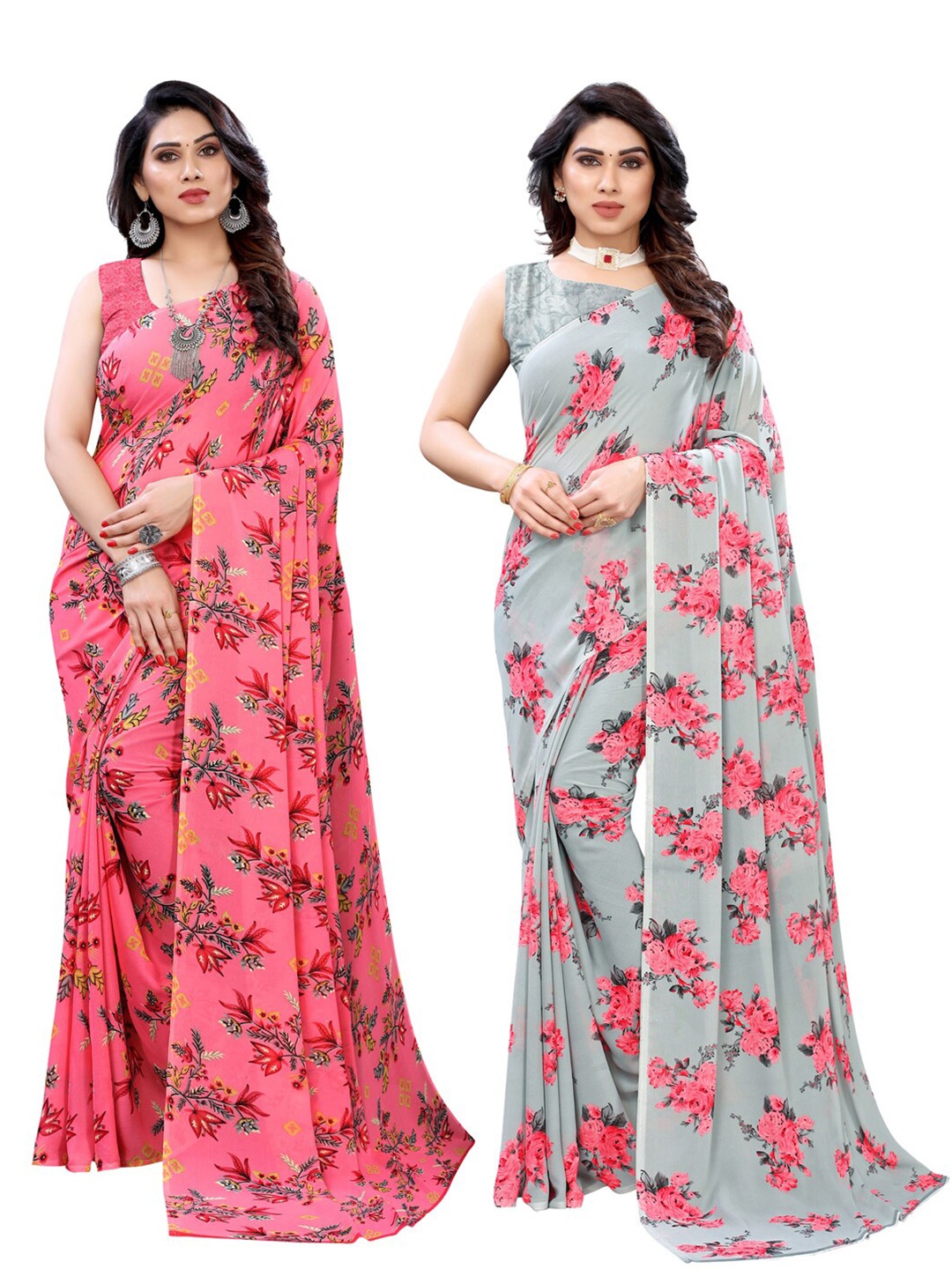 

KALINI Pack Of 2 Pink & Grey Floral Printed Saree