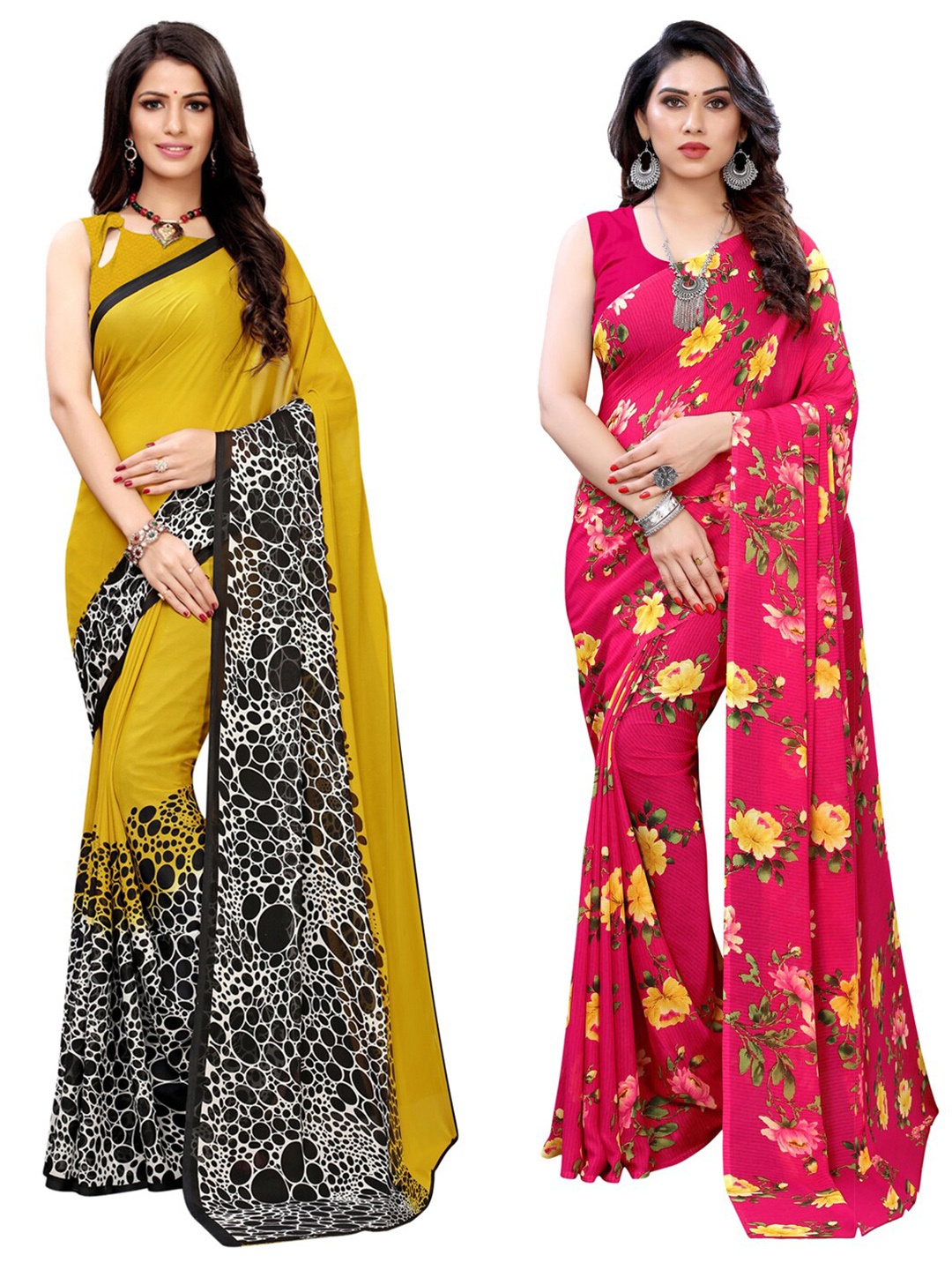 

KALINI Pack of 2 Yellow & Red Printed Sarees