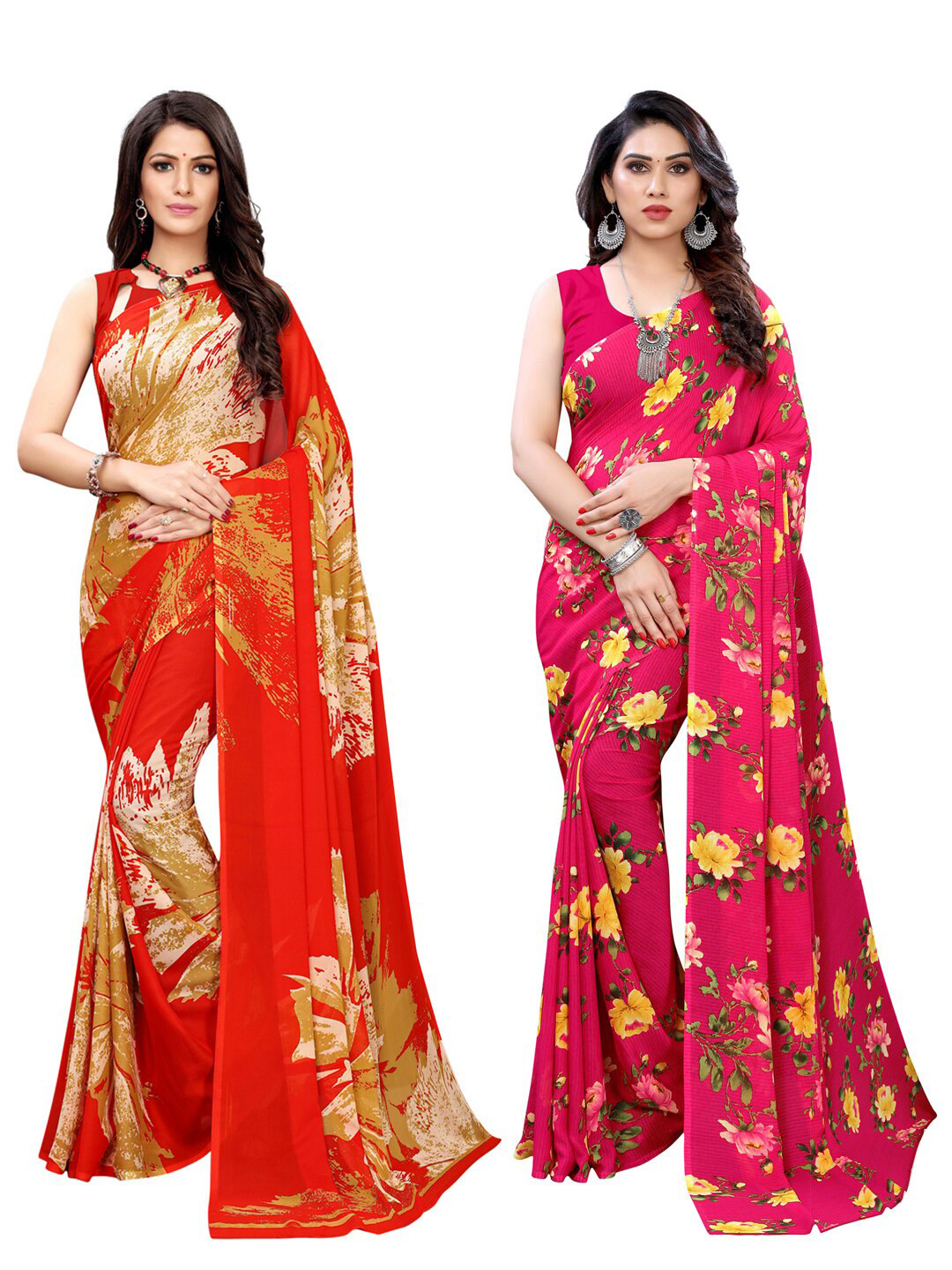 

KALINI Pack Of 2 Red & Pink Floral Printed Saree