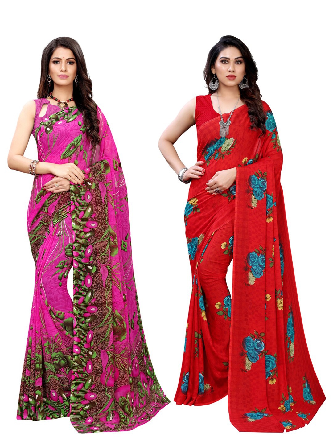 

KALINI Pack of 2 Pink & Red Printed Sarees