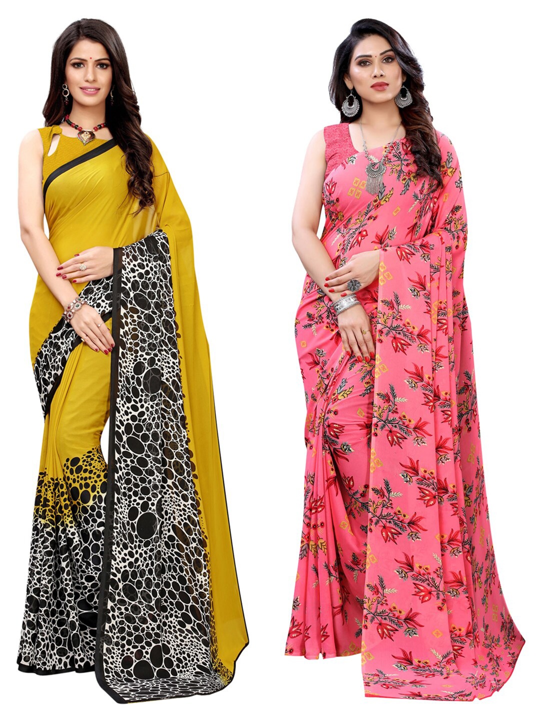 

KALINI Pack of 2 Yellow & Pink Floral Saree