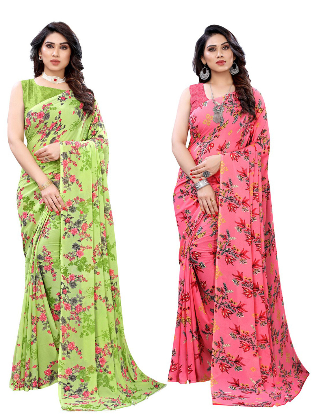 

KALINI Pack of 2 Green & Pink Sarees