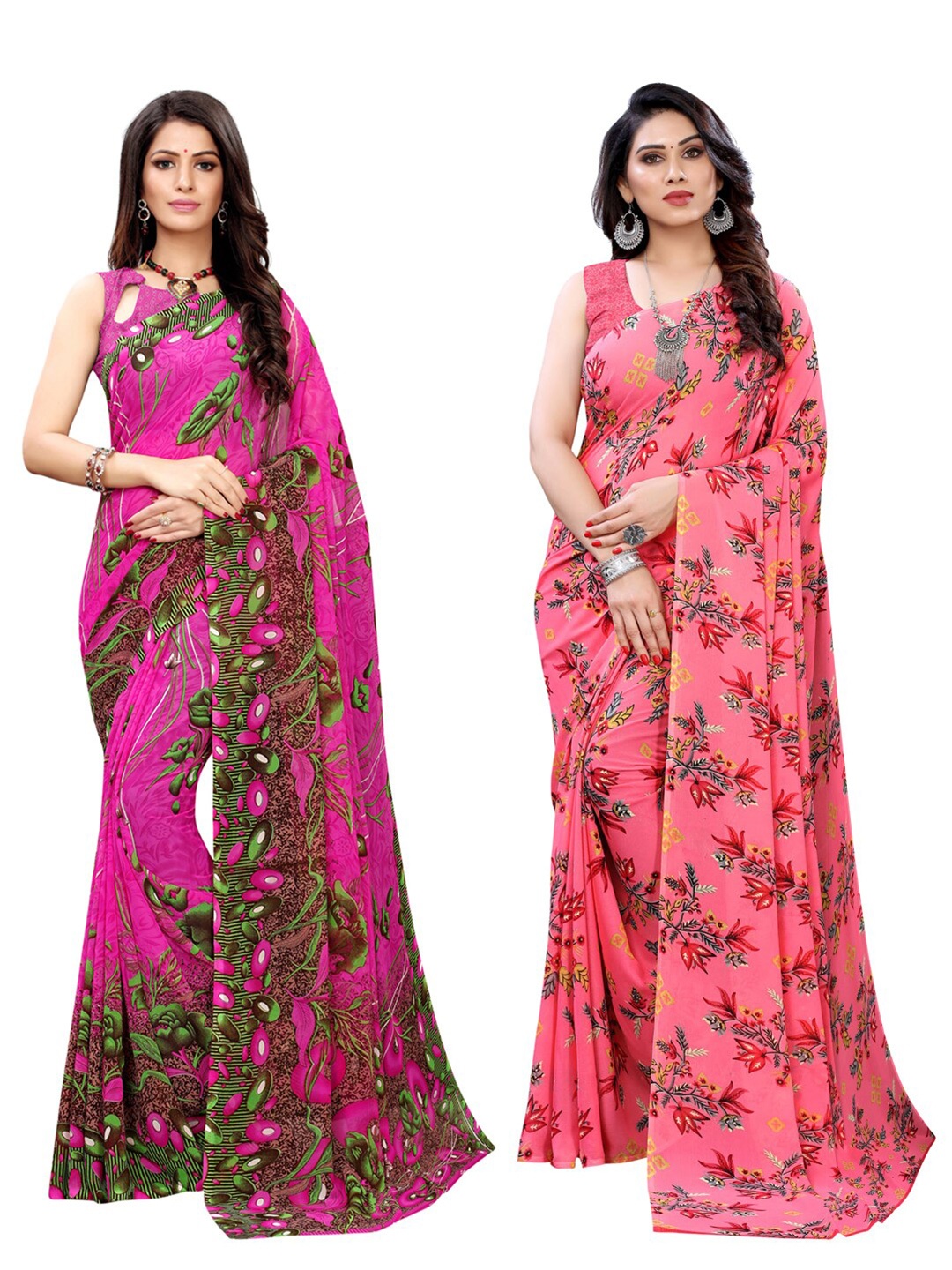 

KALINI Pack Of 2 Pink & Red Floral Printed Sarees