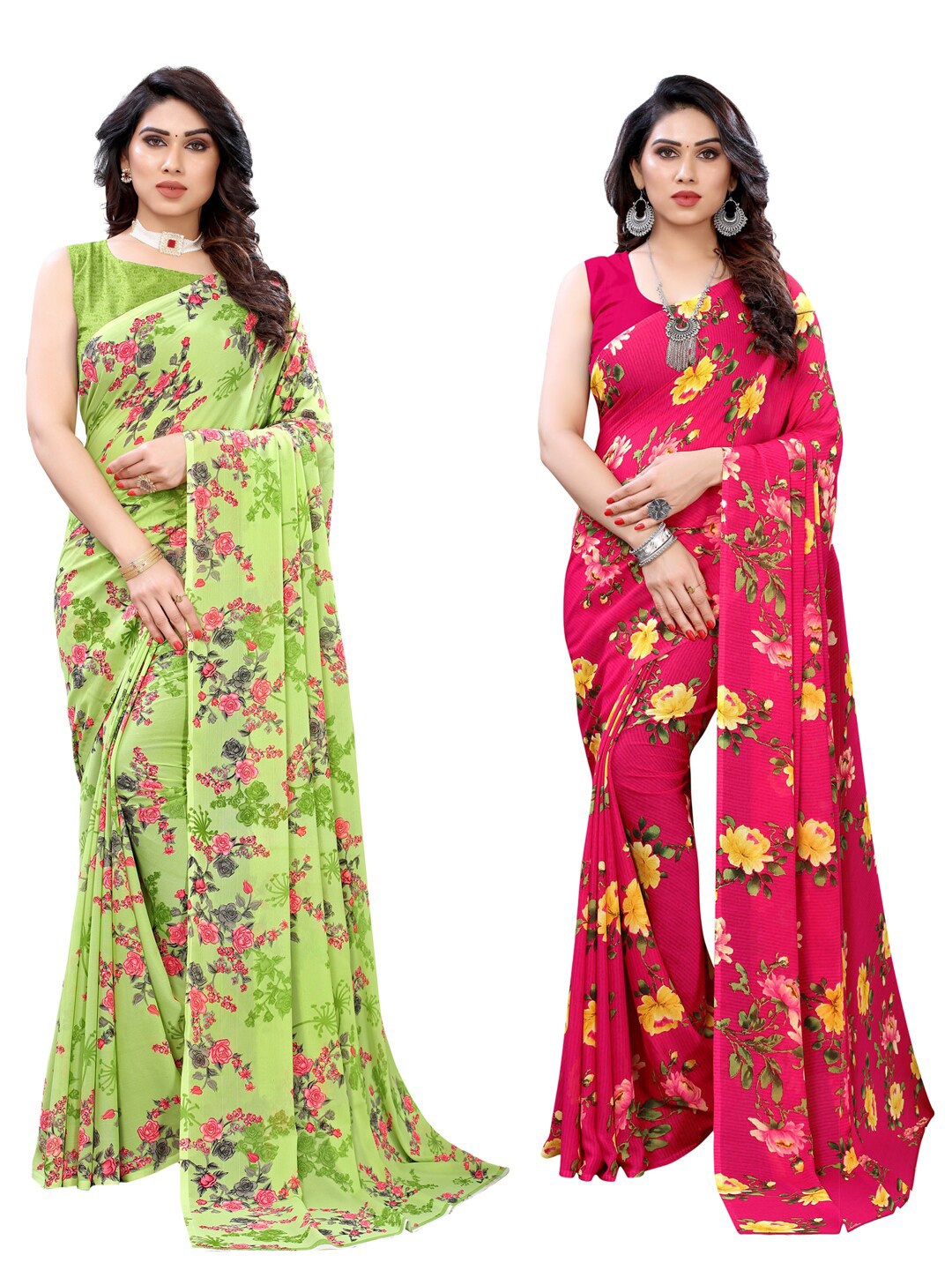 

KALINI Pack Of 2 Fluorescent Green & Red Floral Printed Saree