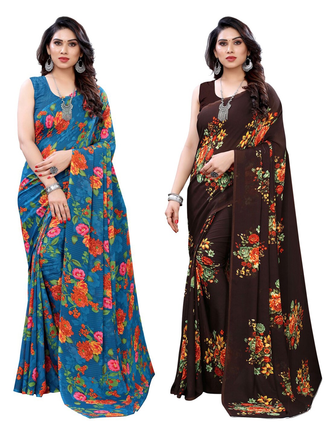 

KALINI Pack of 2 Blue & Brown Printed Sarees