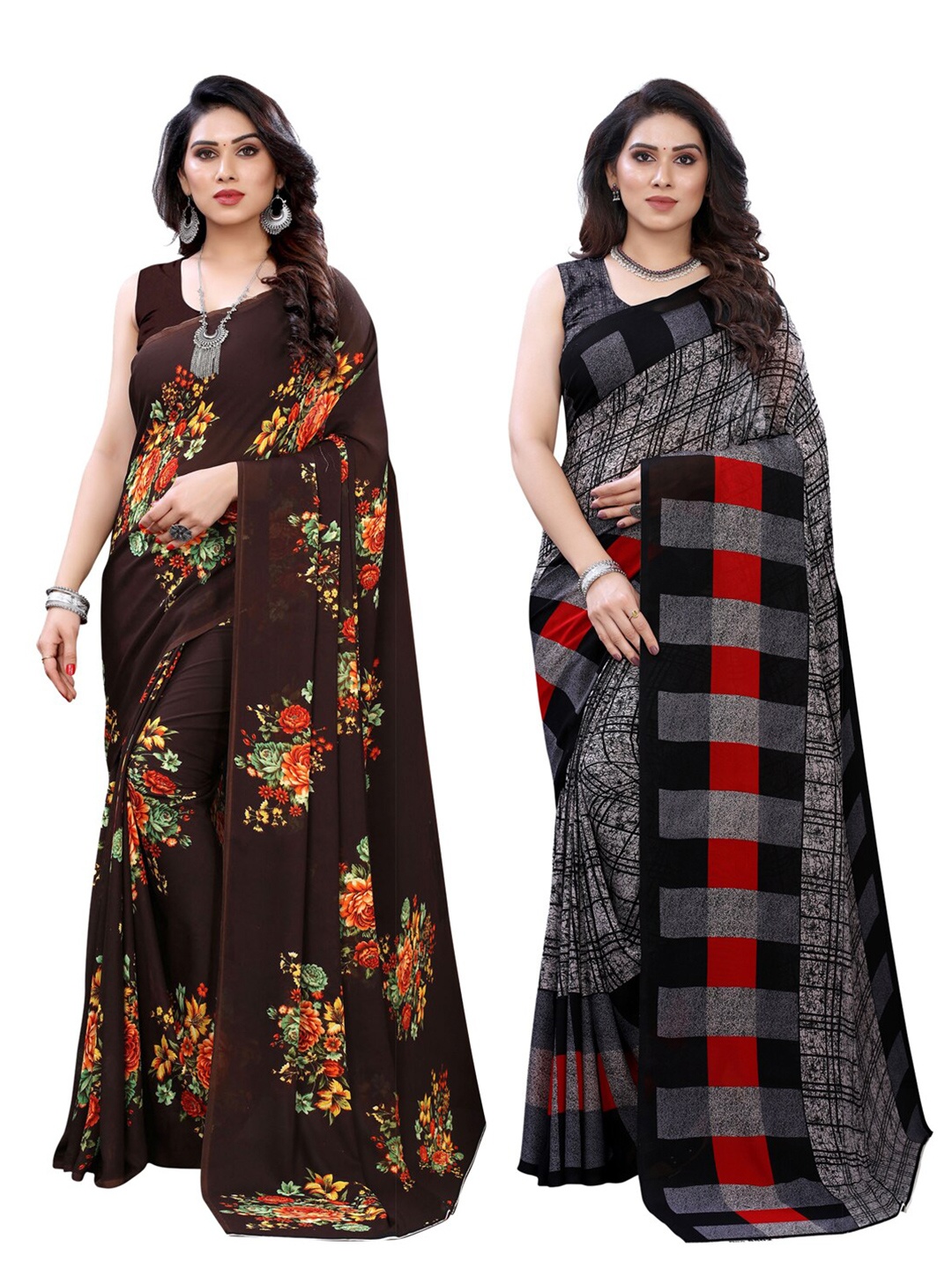 

KALINI Pack of 2 Brown & Grey Floral Sarees