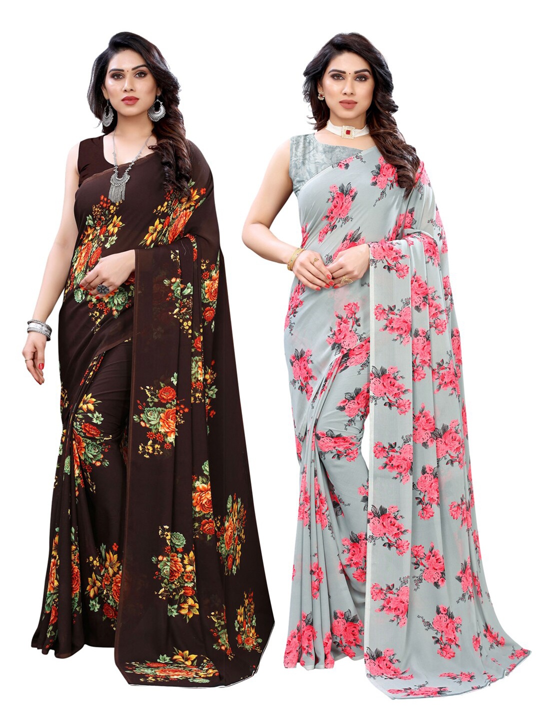 

KALINI Pack Of 2 Brown & Grey Floral Printed Sarees