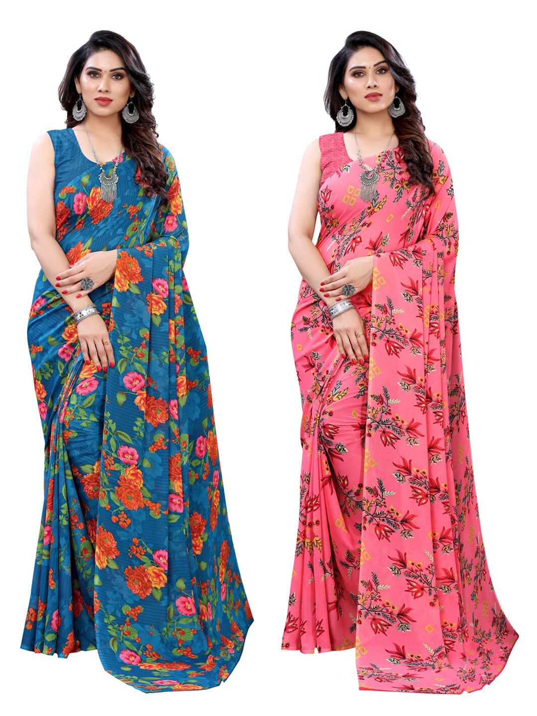 

KALINI Pack Of 2 Blue & Pink Floral Printed Saree