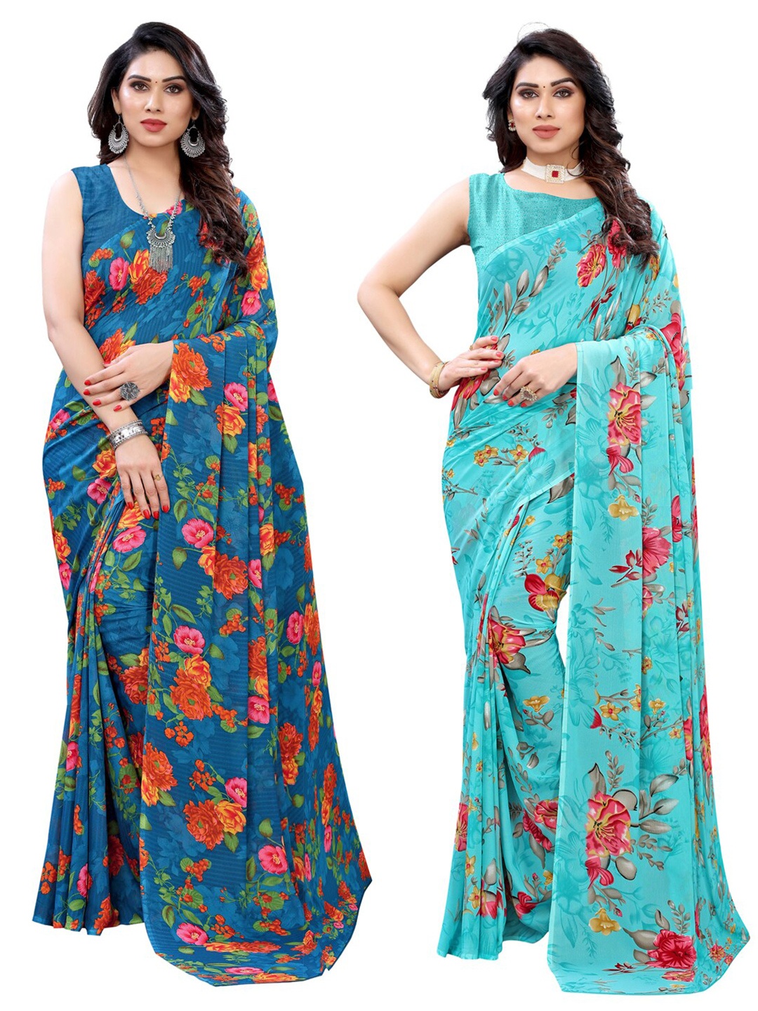 

KALINI Pack of 2 Blue & Turquoise Blue Printed Sarees