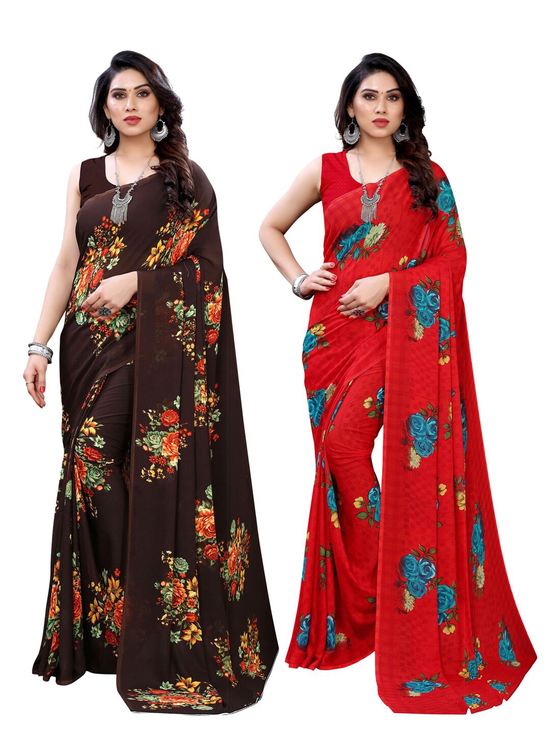 

KALINI Pack of 2 Brown & Red Floral Saree